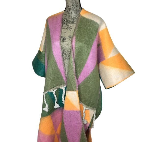 Boho Global Kimono Ruana Poncho Festival Caftan Coastal Desert Layering Wrap OS - Picture 1 of 6
